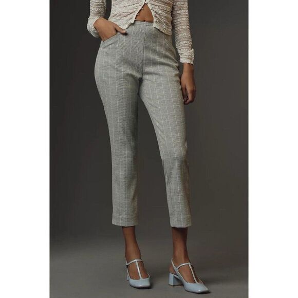 Anthropologie Skinny Trousers Grey Plaid Cropped Pants Women’s 6 TALL Pockets - Picture 2 of 13